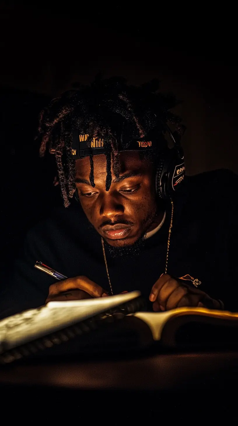 A writer hunched over a notebook in the dark, lit by a single warm lamp