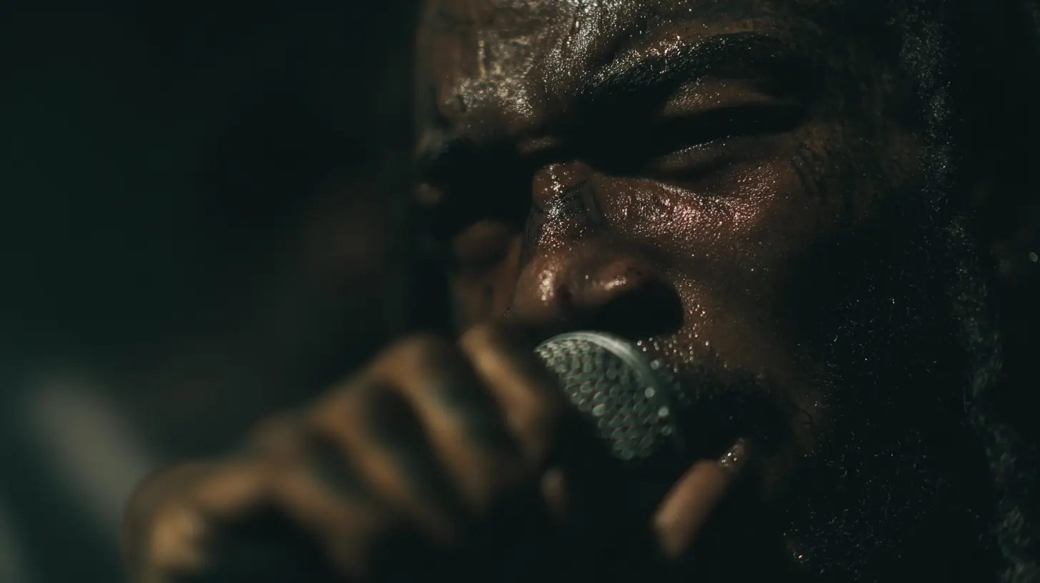 An emcee mid-verse in close-up, sweat catching a hard key light