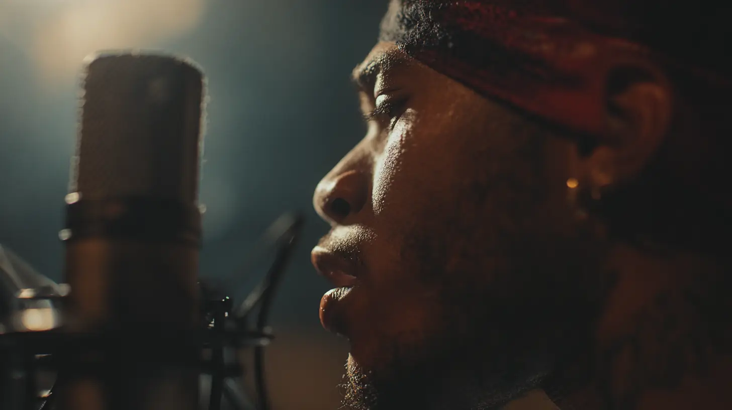 An emcee in profile at a studio condenser microphone, eyes closed